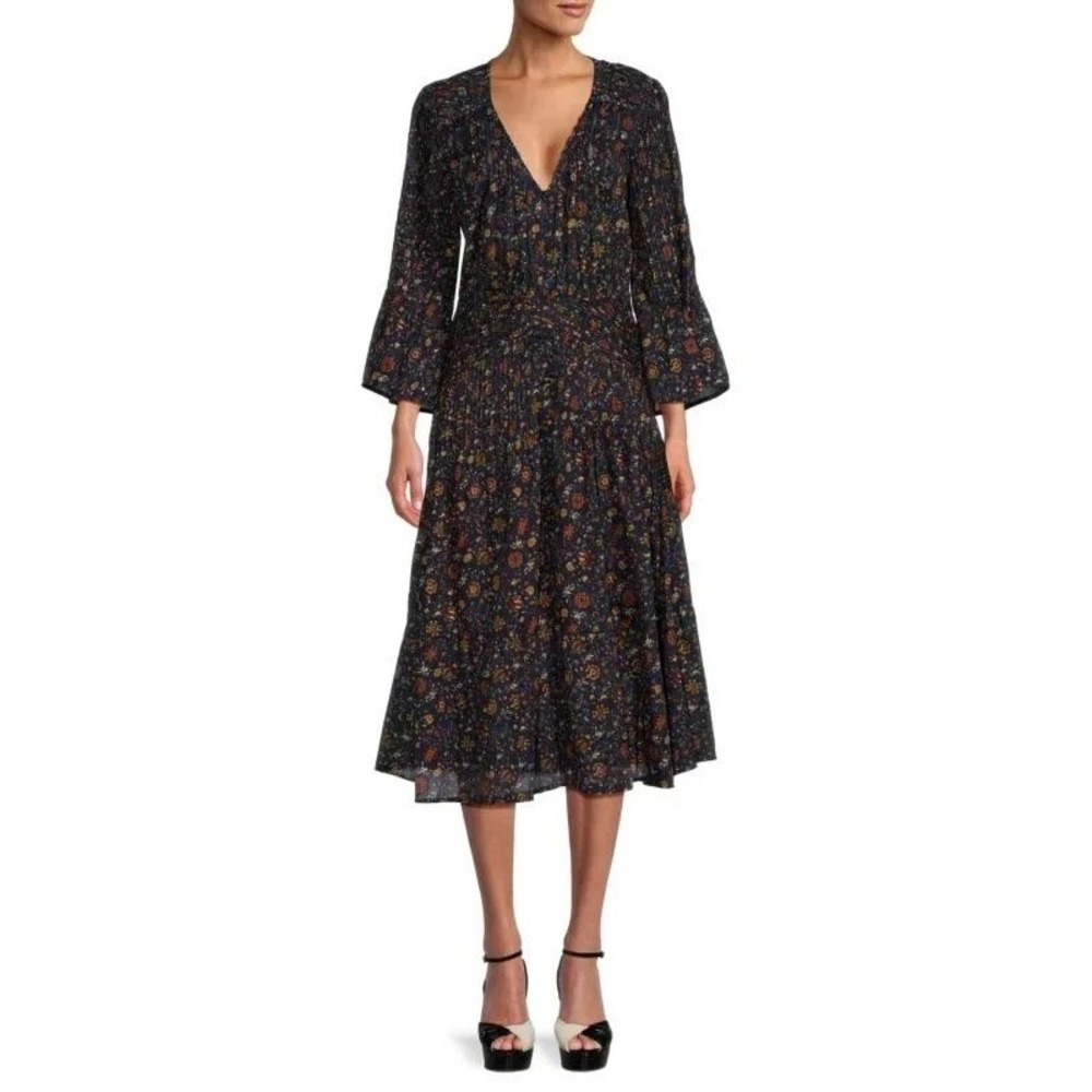 Veronica Beard Women's Shireen Floral Print V Neck Midi Dress In Ink Multi Sz 10
